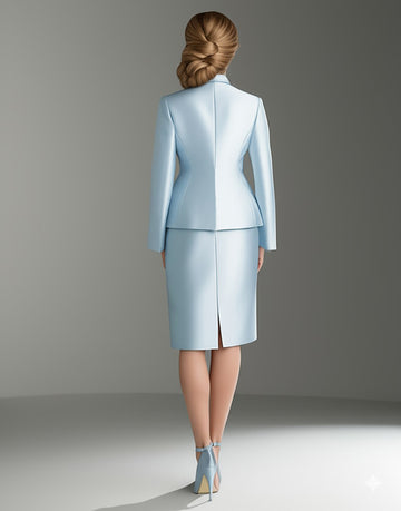 Blå sateng V-hals lange ermer 2 deler kjole til brudens mor